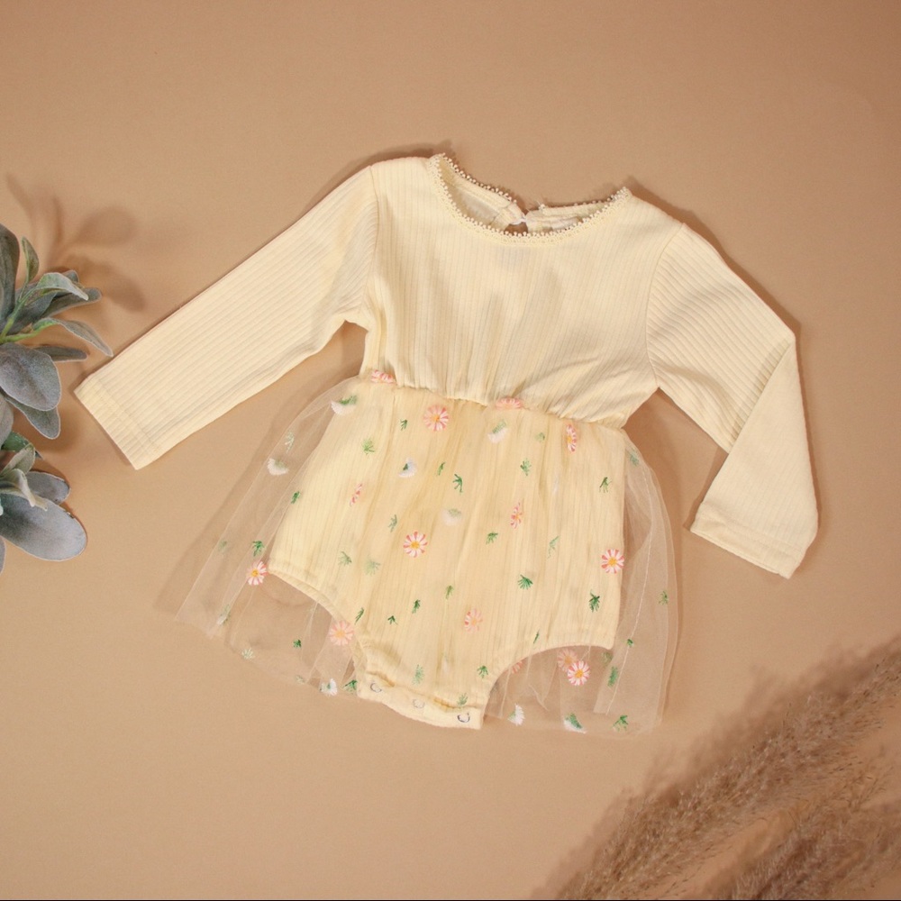 Embroidered Sheer Tulle Daisy Dress Long Sleeve